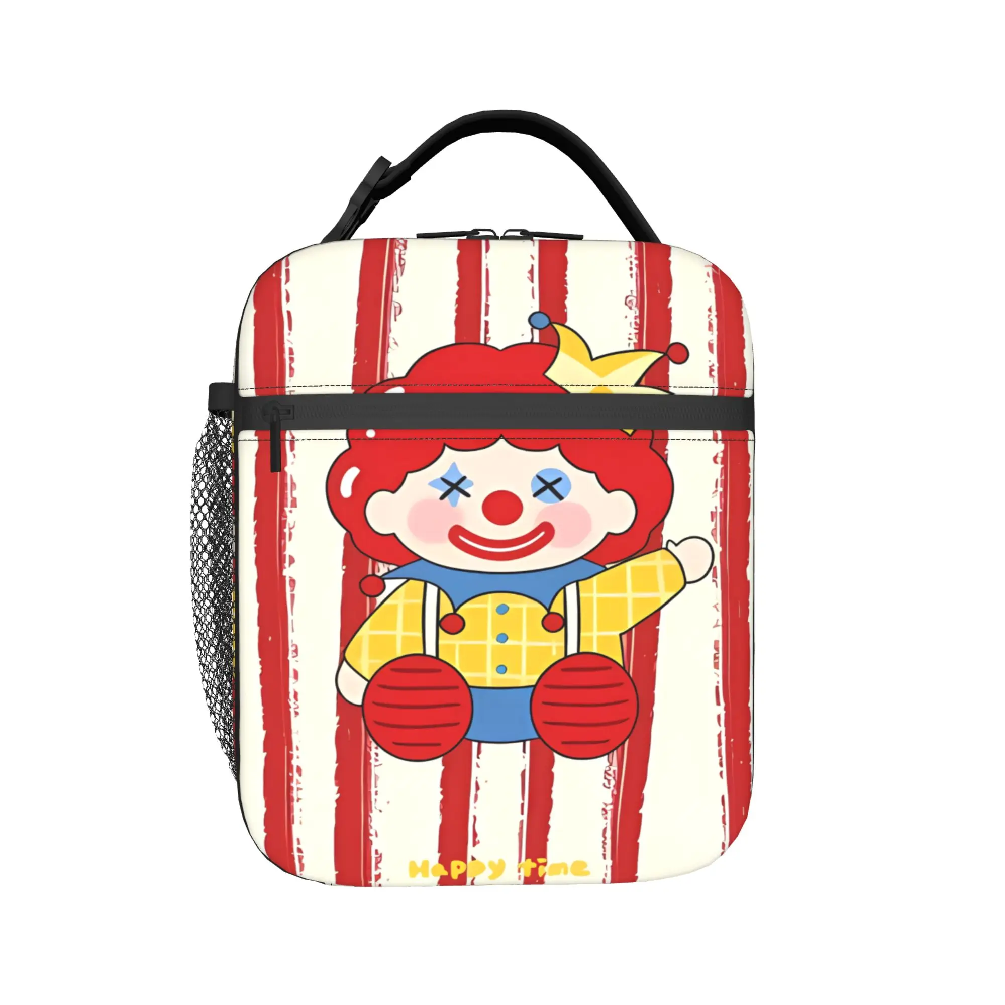 Clown Character On Red White Stripes Lunch Bag  Kawaii Lunch Box For Unisex  Office Cooler Bag Oxford Thermal Tote Handbags