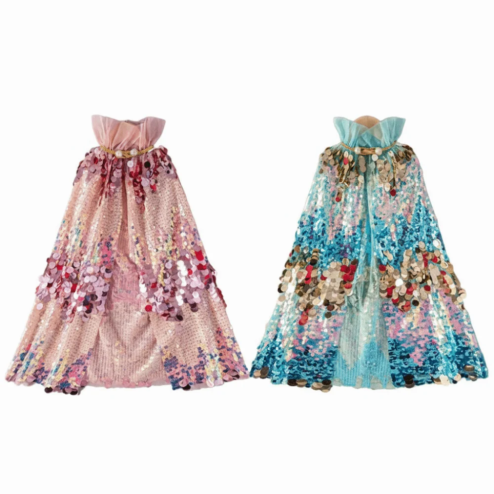 Shining Sequins Girls Princess Cape Cosplay Performance Accessory Children Costume Cloak Mesh Elegant Dress Cape Carnival Party