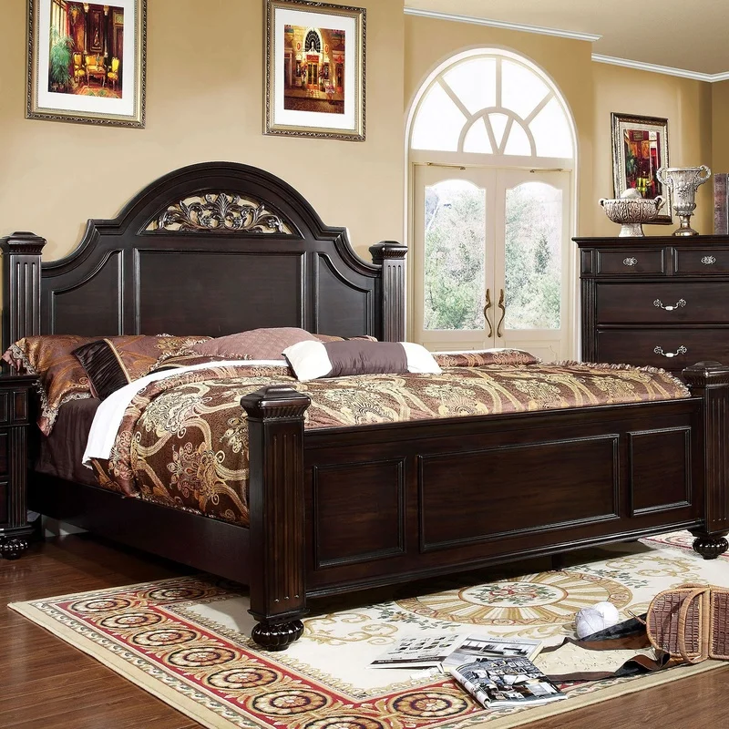 

Contemporary Dark Walnut King Bed with Formal Floral Headboard