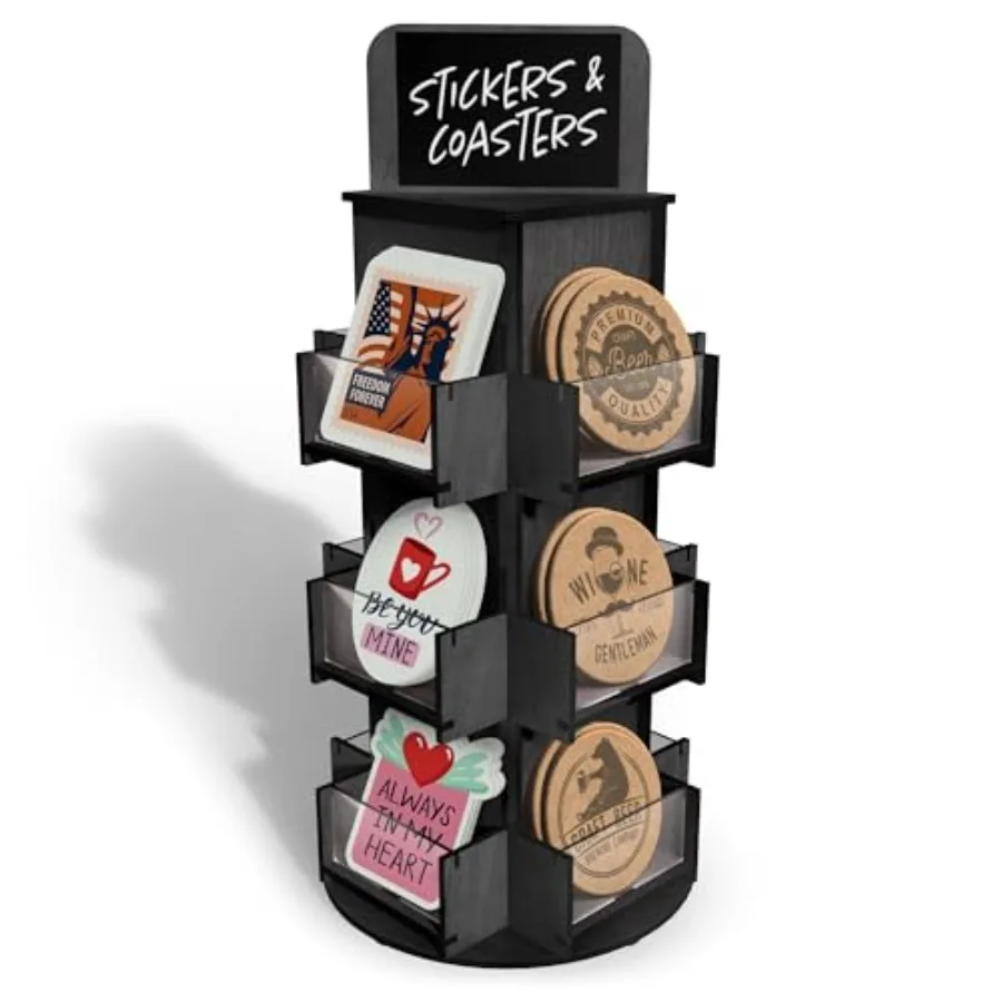 

3 Tier Rotating Sticker Display Stand for Vendors Wooden Countertop Organizer Shelf for Coasters Retail Showcase Tradeshow
