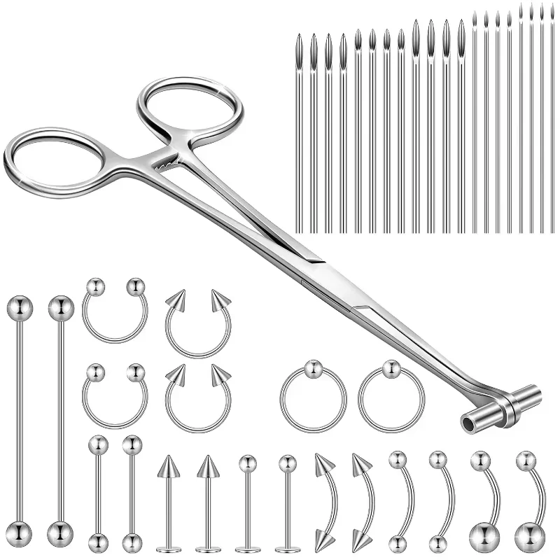 41pcs Body Piercing Tool Kit, Include Septum Forceps Clamp Pliers 20Pcs 316L Stainless Steel Piercing Needles And 20Pc Jewelry s