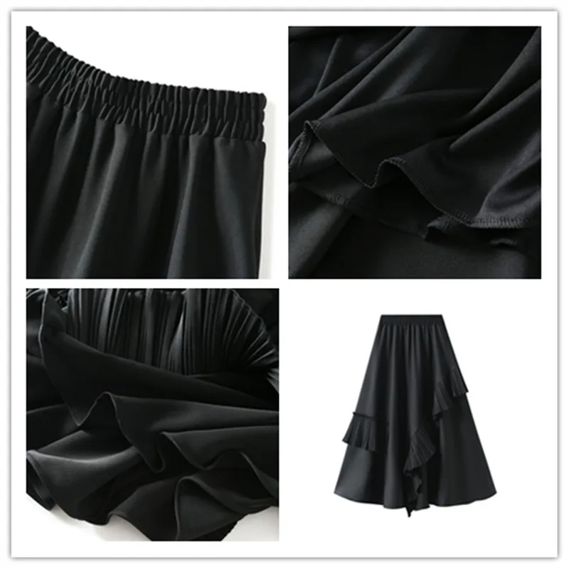 High Waist A-line Skirt Womens Fashion Korean Ruffles Midi Skirt Spring Summer 2022 Casual Beige Black Elegant Skirts