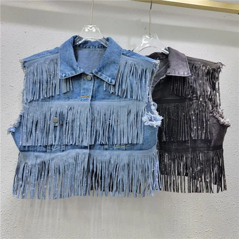 

Luxury Woman Hot Drilling Fringed Diamonds Beads Denim Waistcoat Tassels Jean Vest Sleeveless Jacket High Waist Cowboy Tank Tops