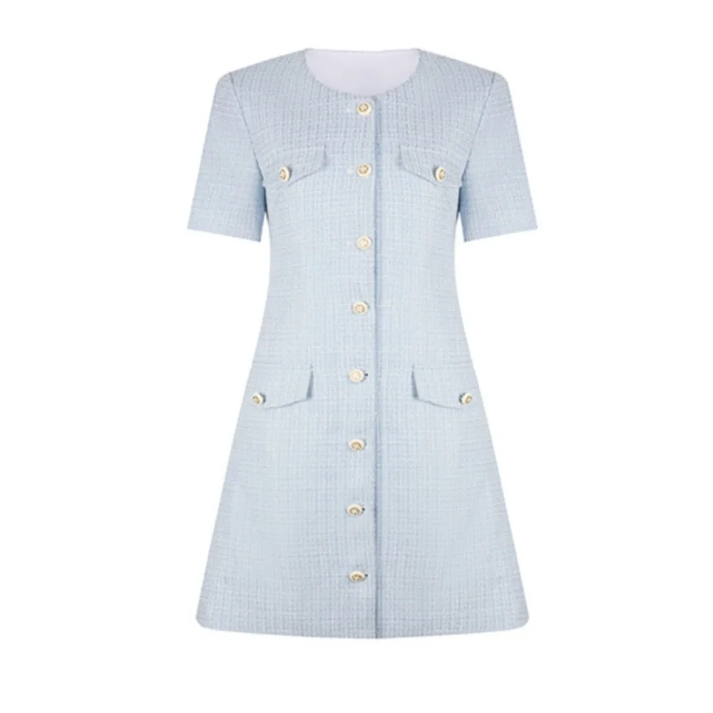 

Sky blue short-sleeved dress women's summer waist A-line dress