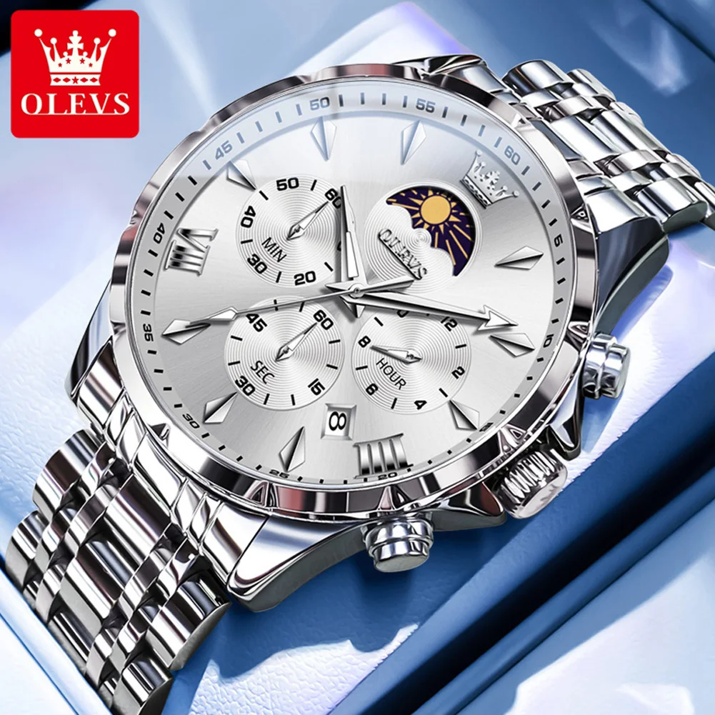 OLEVS 3653 Herrenuhr Quarzuhr Multifunktionale Chronographenuhr Für Männer 30 Mt Wasserdicht Leuchtende Mondphase Box Original 4