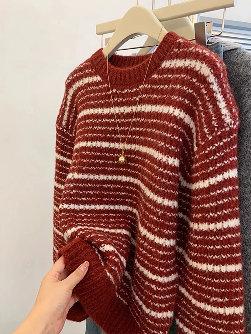 

Красный полосатый свитер для женщин, модные свободные вязаные пуловеры с круглым вырезом, осенние новые мягкие утолщенные теплые топы с длинными рукавами