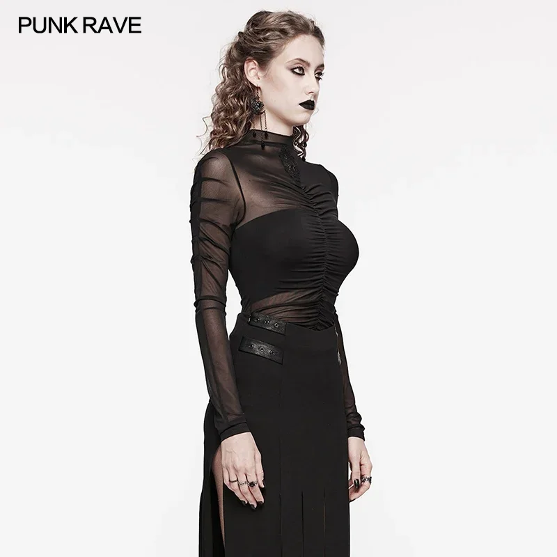 PUNK RAVE Women's Daily Gothic Front Chest Pleats Skeleton T-shirt Female Sexy Black Tops Spring Summer Women Clothing