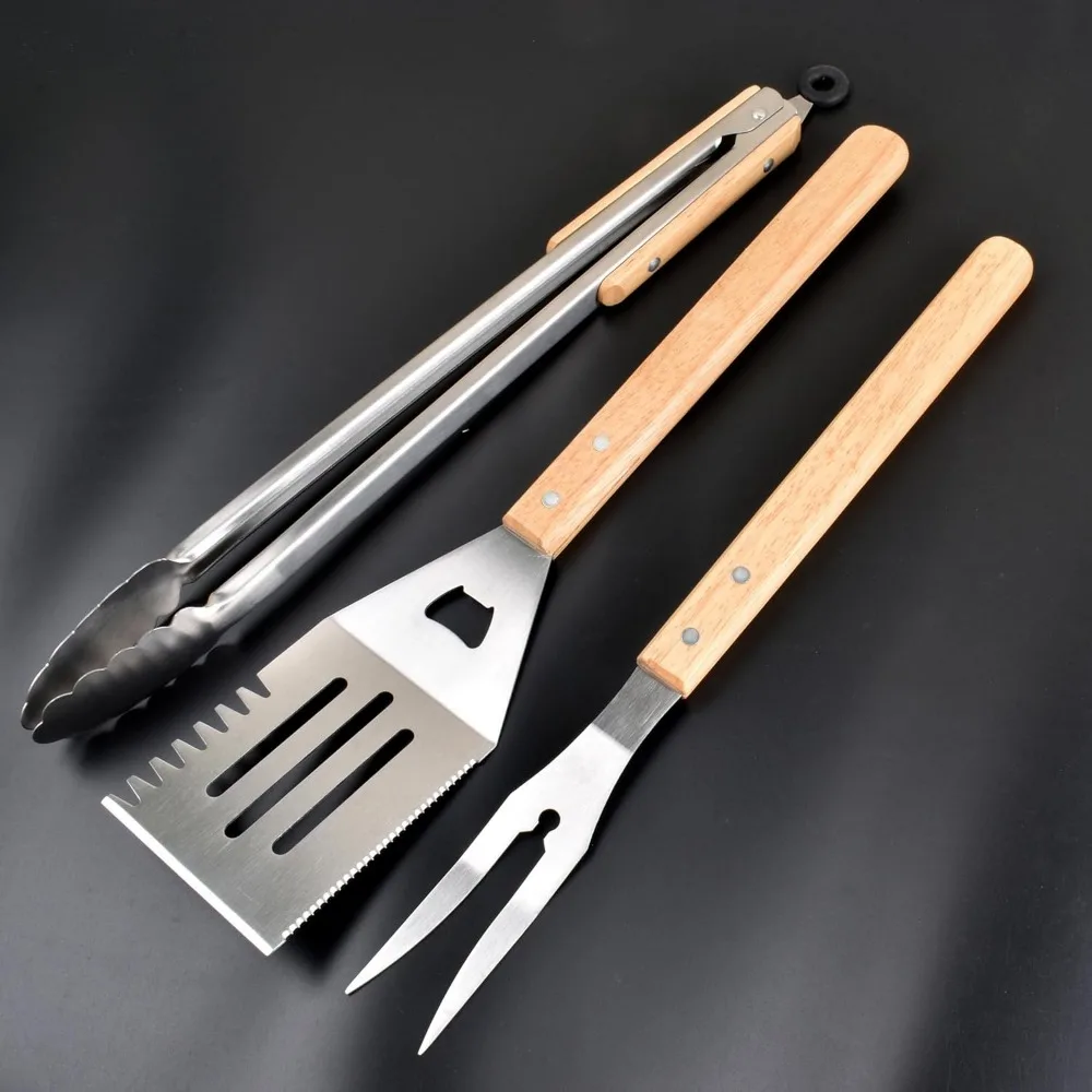 

3 Piece Barbecue Tool Sets,Heavy Duty Stainless Steel and Wooden Handles BBQ Tool Sets,Grill Accessories,Grilling Spatula,Fork,T