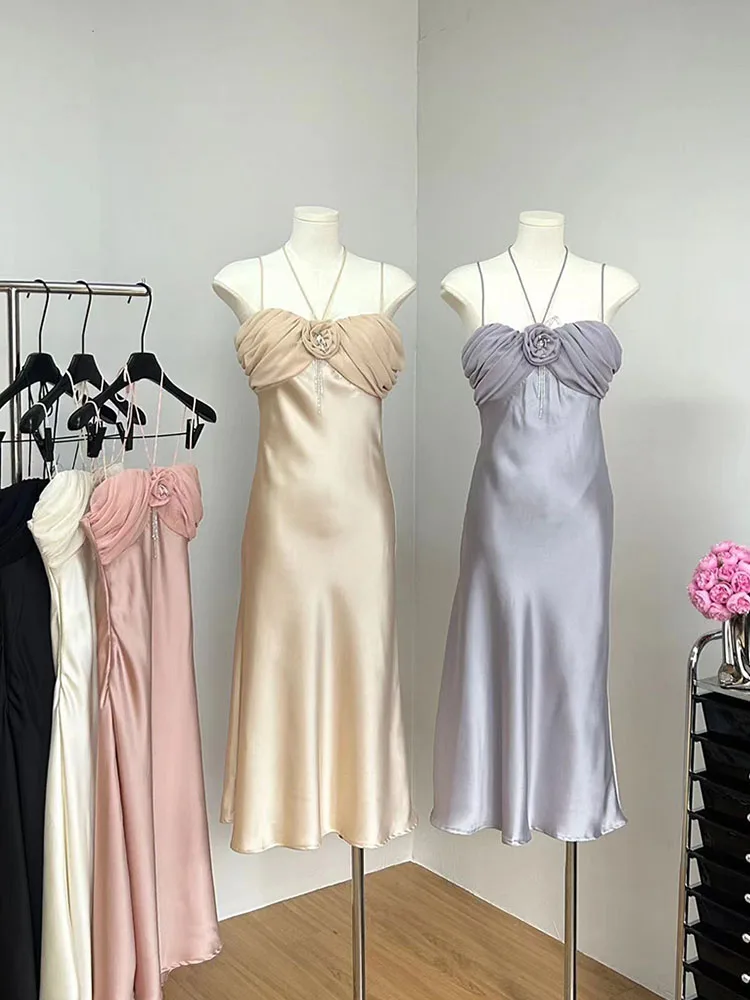 High Quality Solid Satin Dress Fashion Off Shoulder Spaghetti Strap Dress Sexy Luxury Sundress Formal Occasion 2000s Aesthetic