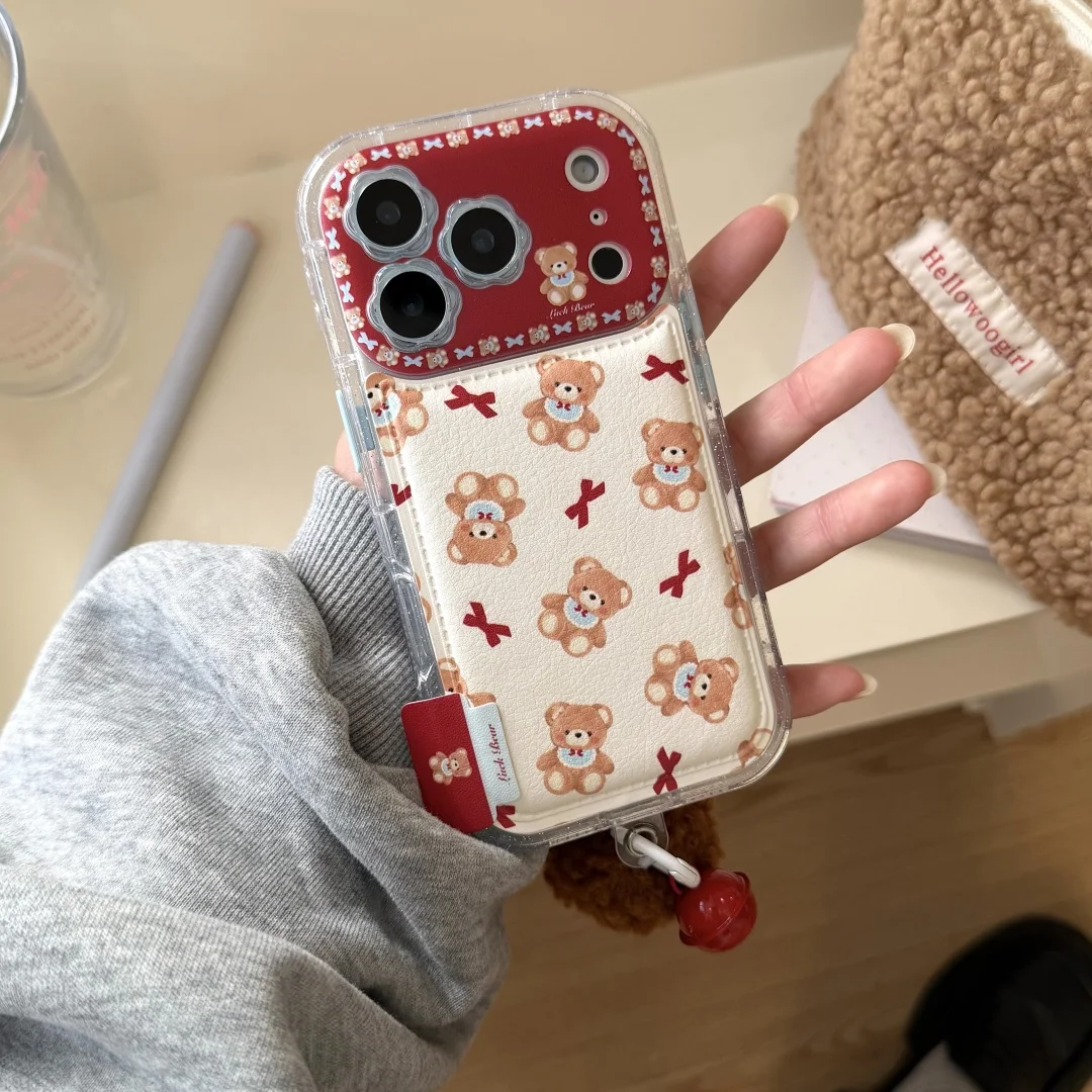 

Fashionable Red Bow Bear Clear Phone Case For iPhone 15 16 17 Pro Max Plus 16E 14 13 Pro Max MINI 17 Air Anti-fall Cover