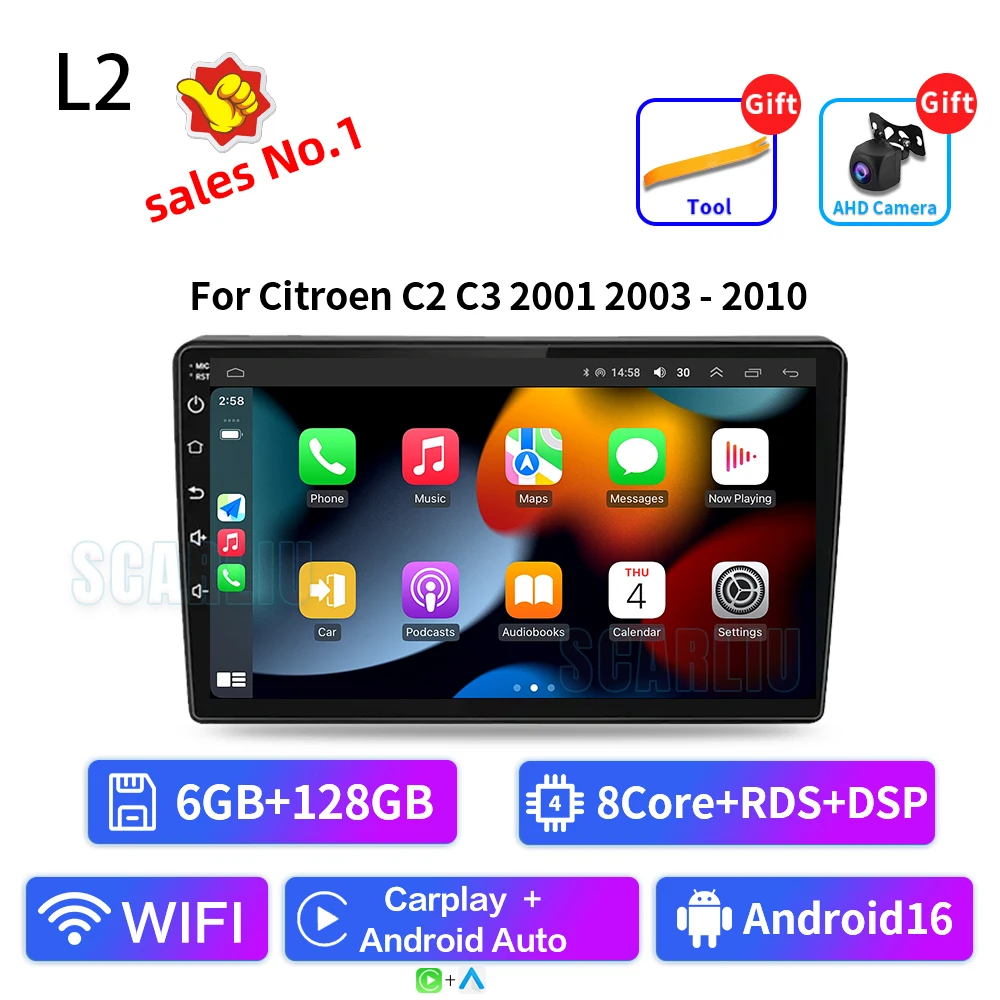 SISCL Android Auto Carplay Voor Citroen C2 C3 2001 2003-2010 Autoradio Multimedia Video Player WiFi GPS Navigatie DSP Stereo