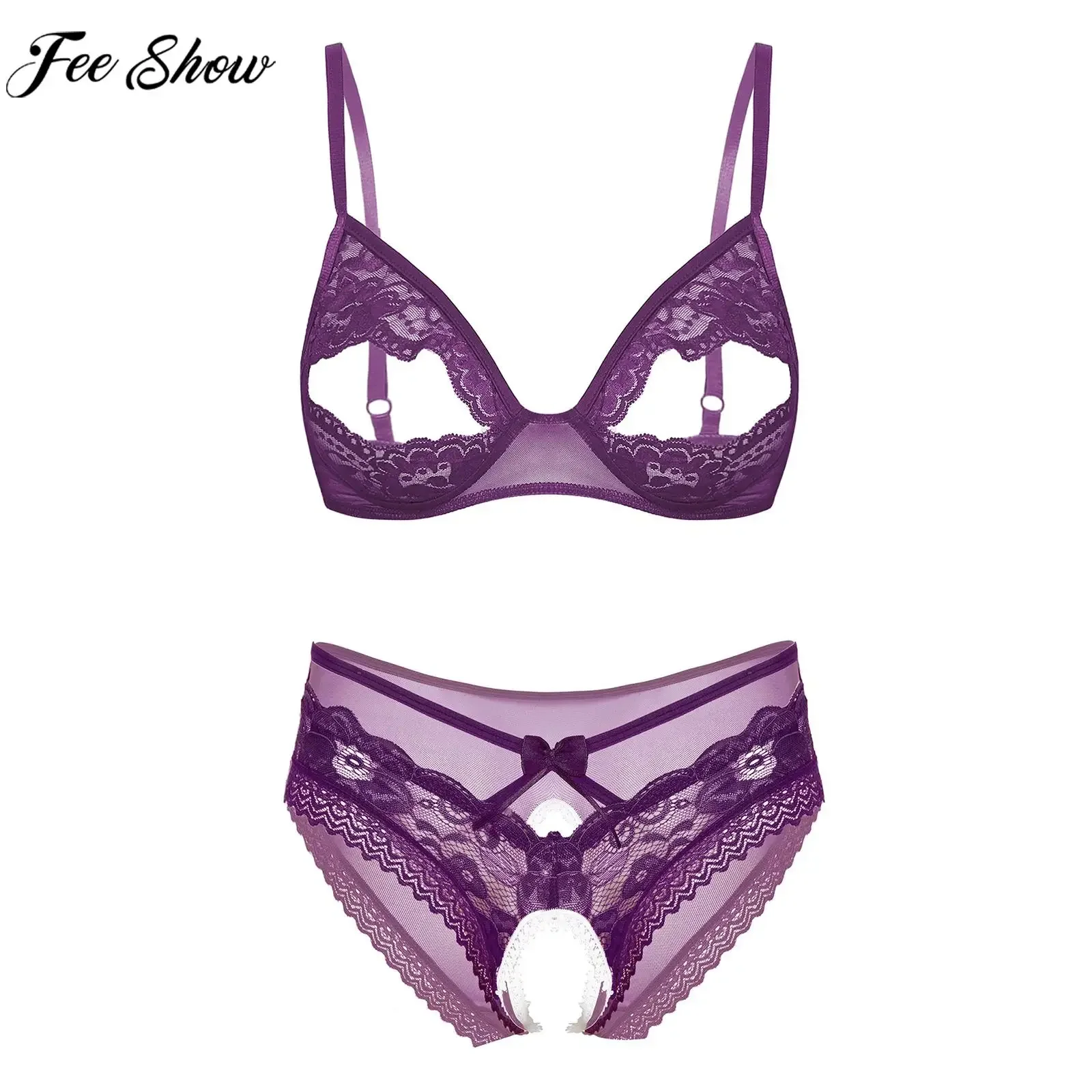 

Women Sexy Lace Lingerie Set Exposed Nipples Open Cups See-through Bra with Sheer Crotchless Briefs Underwear Nightwear Clubwear