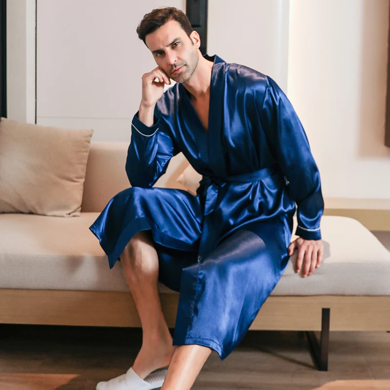 Pijama de seda de gran tamaño para hombre albornoces de manga larga estilo fino ropa de casa de verano, primavera y otoño