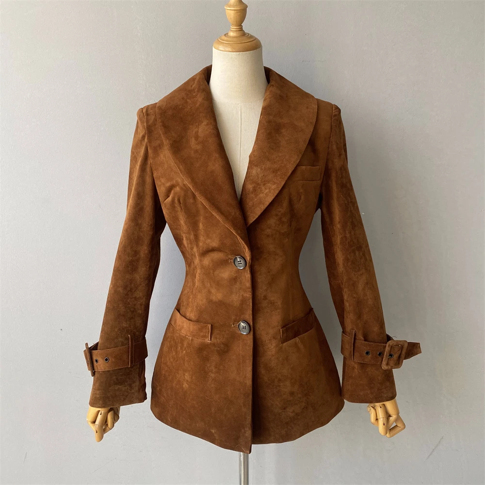 Jaxmonoy Giacca in vera pelle scamosciata per donna 2025 Autunno Nuovo arrivo Cappotto invernale in pelle di pecora Moda donna Slim Giacche in vera pelle