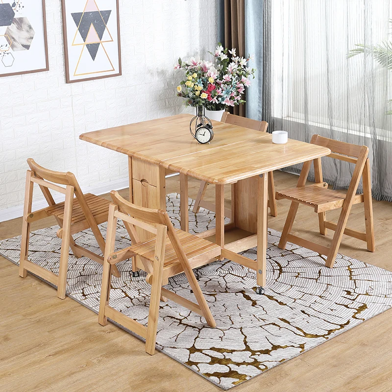 Dining table and chair combination all solid wood folding household retractable small apartment European rectangular multi
