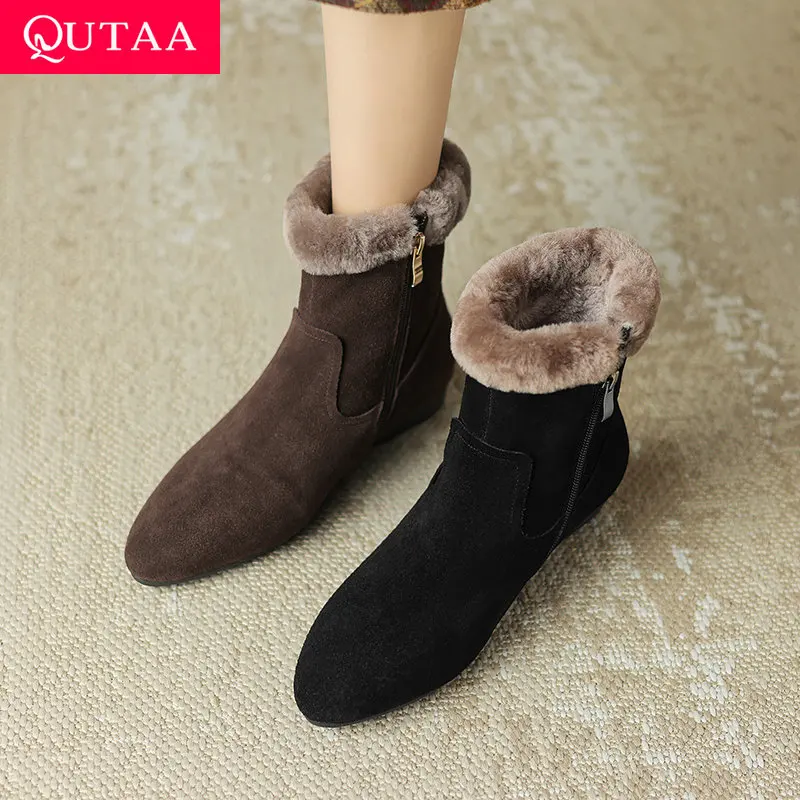 

QUTAA 2026 Fashion Cow Suede Women Ankle Boots Winter Plush Warm Shoes Autumn Flats Heels Snow Boots Round Toe Short Boots 34-40
