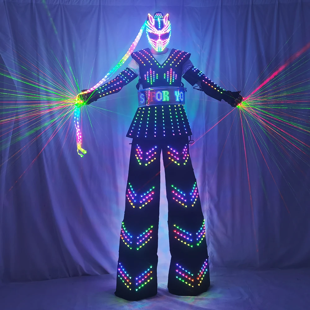

Colorful LED Luminous Costume With Helmet LED Clothing Light Stilt Robot Suit Kryoman David Guetta Robot Dance Wear