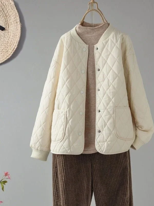 Damen-Baumwolle, gesteppt, locker, faionable, reine Farbe, leicht, Winter-Oberbekleidung, Pendler-Sle, runder Ne-Knopf