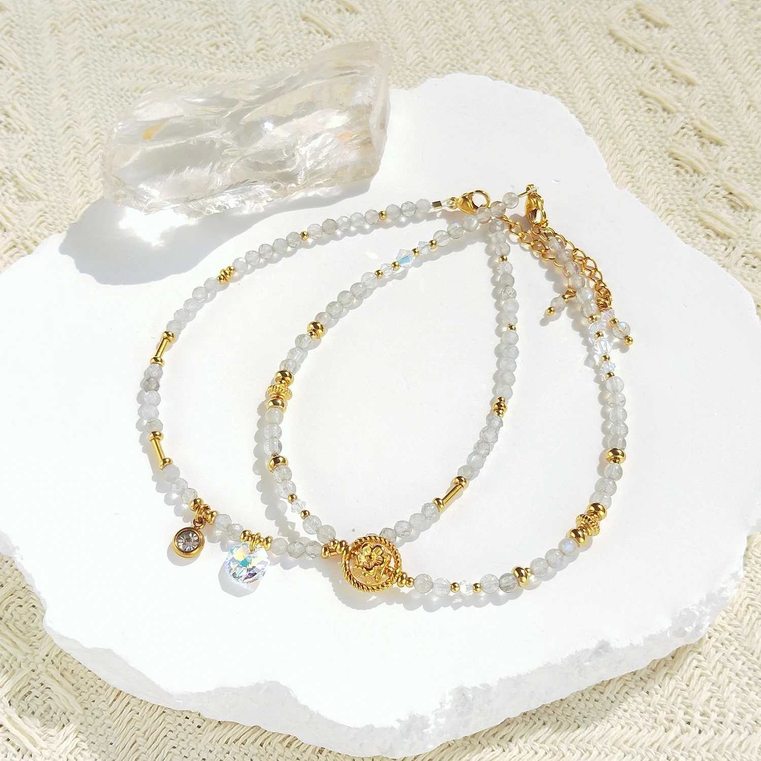 

Lii Ji Natural Stone 3mm Labradorite With Crystal Beaded Anklet 24+3cm Handmade Bohe Fashion Jewelry For Female