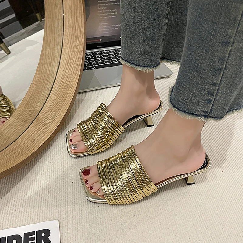 Sexy Lady Women Stripe Noodles Shaped Design Square Open Toe Stiletto Low Heels Slippers Shoes Woman Feast Casual Slippers Shoes - view 4
