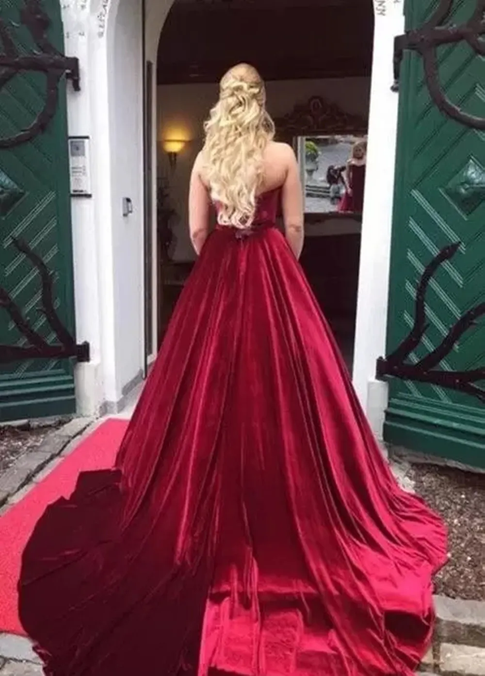 Gaun merah anggur beludru tanpa tali Prom Quinceanera gaun putri pinggang kerajaan pakaian malam pengiring pengantin gaun pesta Formal panjang Vestido