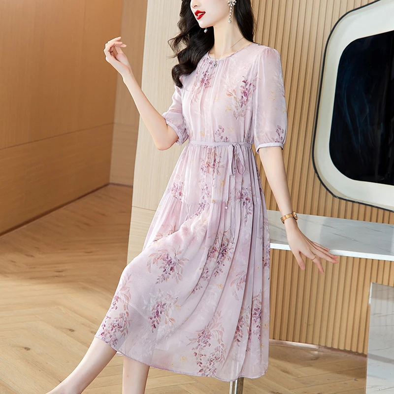 2024 Summer New Women's Purple Silk High end Exquisite Tea Break Floral Dress with Waist cinched A-line Knee length Skirt