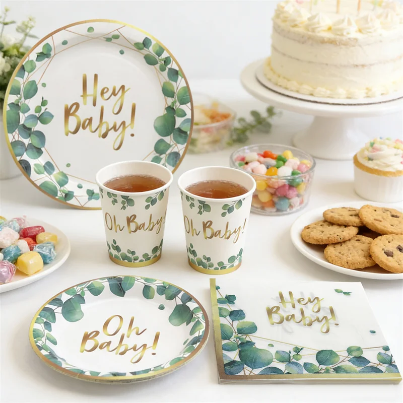 Grüne Blätter Oh Baby Shower Pappteller Becher Servietten Baby Shower Party Einweggeschirr Geschlechtsenthüllung Kinder Geburtstag Zubehör