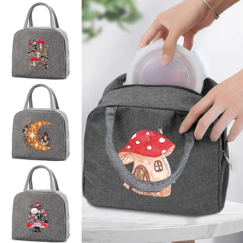 Lunch Bag Cooler Handbags Insulated Box Mushroom Print Canvas Bag Thermal Cold Food Container School Picnic Travel Lunch Box Bag