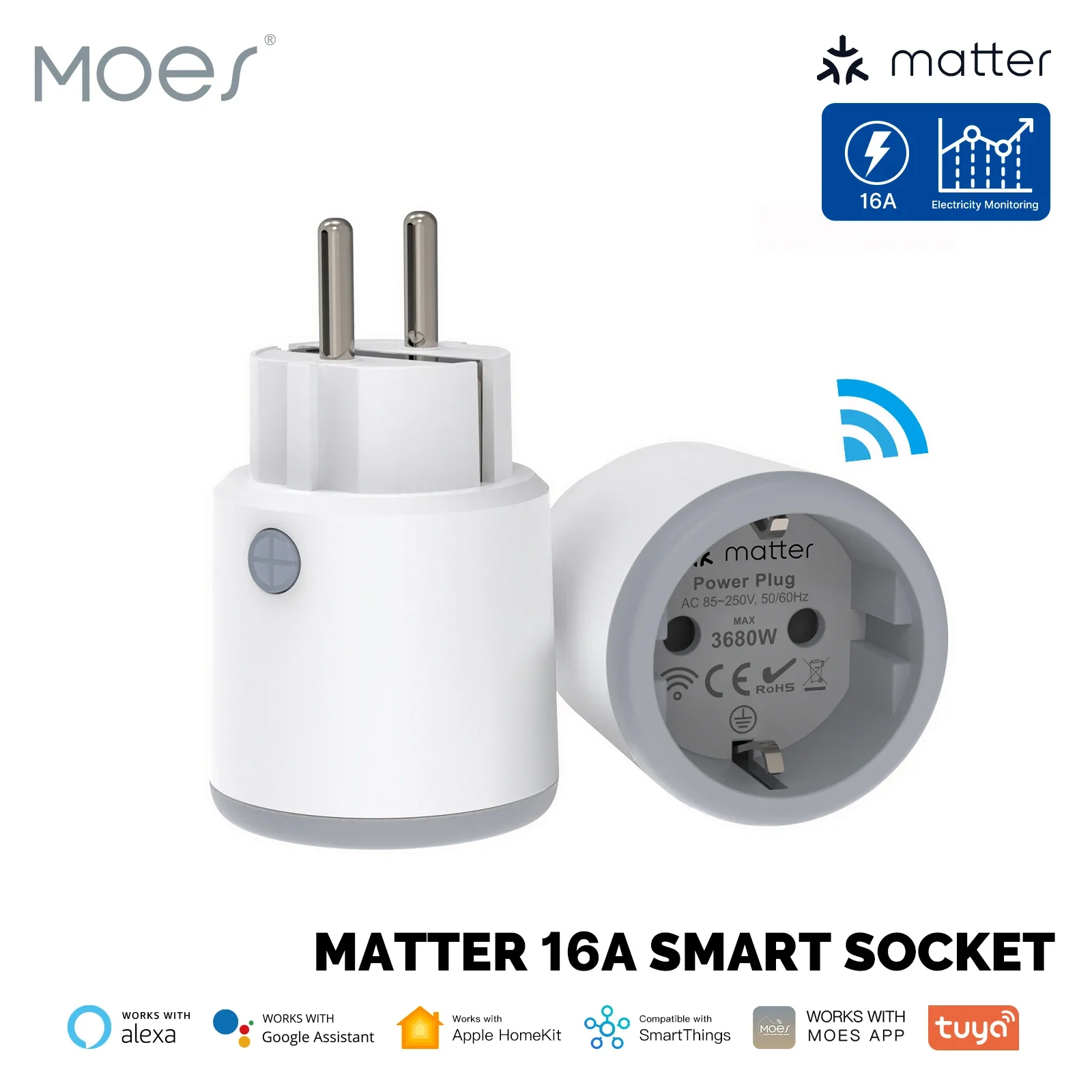 MOES Smart EU/US/UK Plug Matter WiFi Socket 15/16A Timer Outlet Power Monitor Support TUYA  Apple Homekit with Google Home Alexa