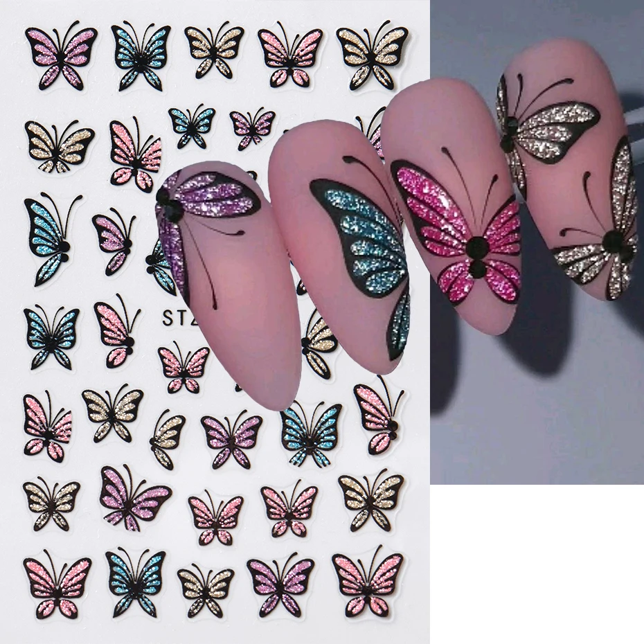 Glitzer Schmetterling Nagelaufkleber Abziehbilder Charm 3D glänzend blau rosa Design selbstklebende Schieber Nail Art Folien Maniküre Dekorationen