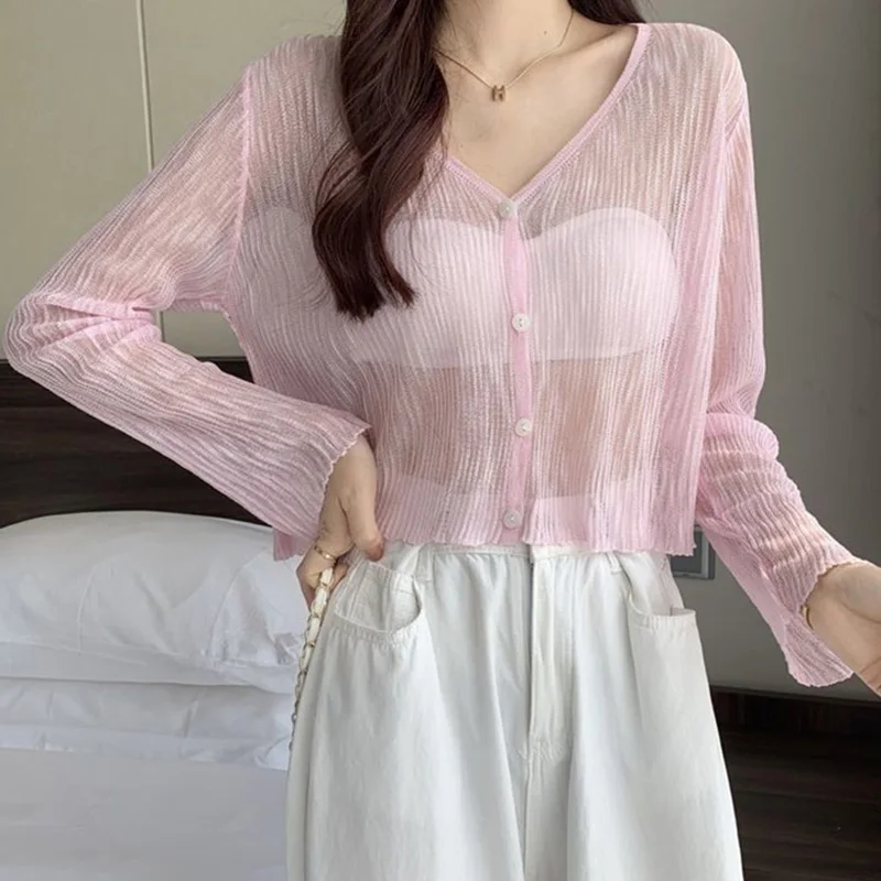 Pink Knitted Cardigan Women Korean Single-Breasted Ice Silk Sunscreen Tops Woman 2023 Summer See Through Thin Long Sleeve Coat