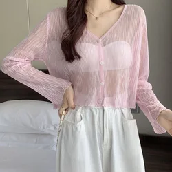 Pink Knitted Cardigan Women Korean Single-Breasted Ice Silk Sunscreen Tops Woman 2023 Summer See Through Thin Long Sleeve Coat