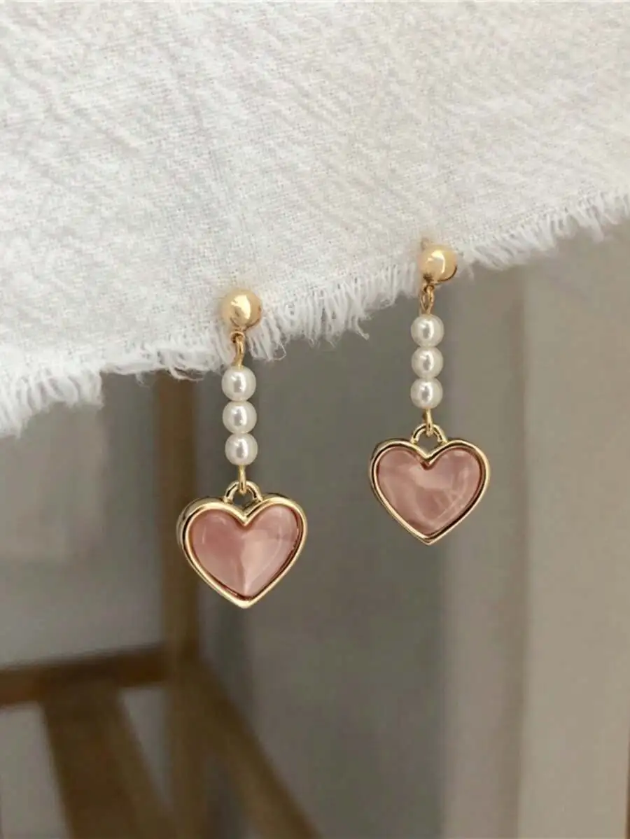 1 Pair Metal Heart & Pearl Dangle Earrings, Fashionable Vintage Minimalist Versatile Elegant Sweet Style Earrings For Women, Wed