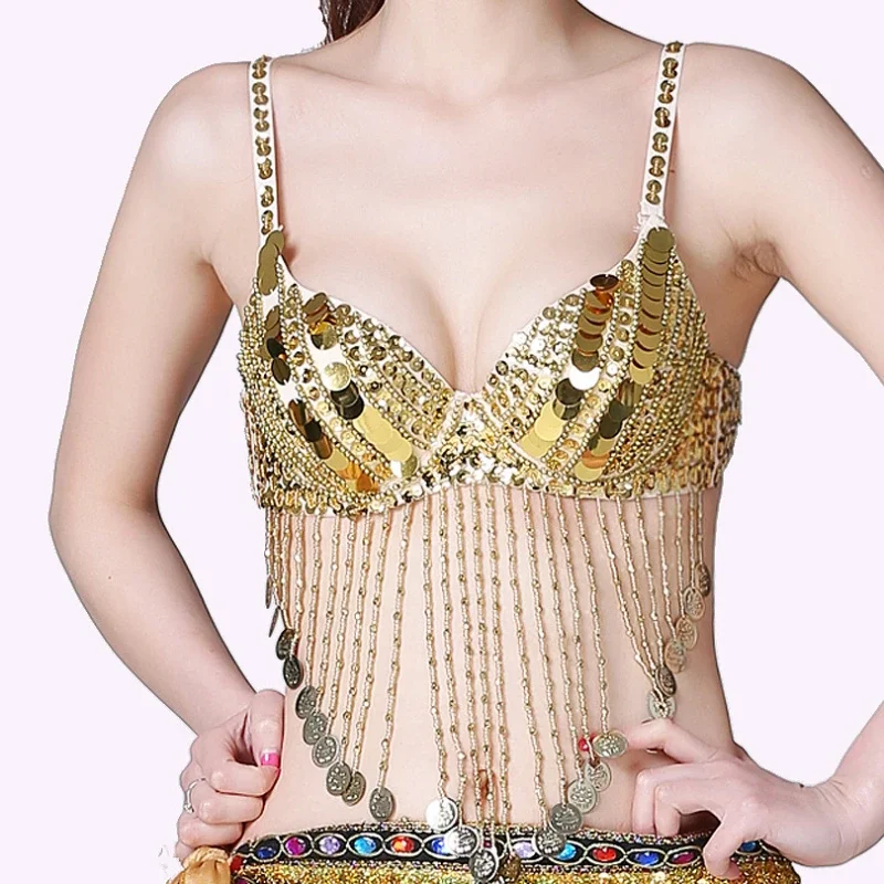 

Women Sexy Belly Dance Sequin Beaded Bra Top Belly Samba Dancing Costume Tassels Dance Shiny Bra Belly Dance Wear Costume