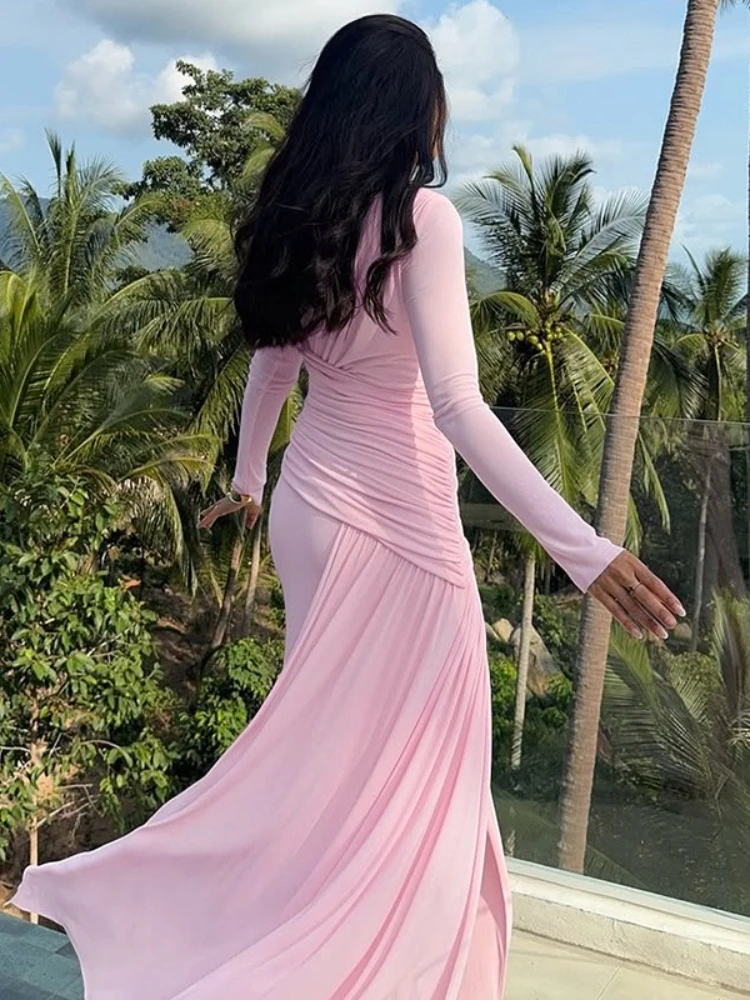 FDYOUI Frau Langarm Hohe Taille Rosa Urlaub Kleid Damen Tuniken Geraffte Lange Maxi Geburtstag Party Kleider Abend Abendkleid