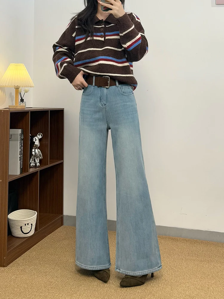 

Женские расклешенные джинсы с высокой талией и подкладкой, голубые утягивающие брюки-колокольчик небольшого размера, винтажные гонконгские сле