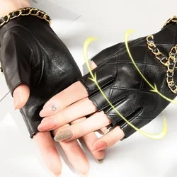 Medias guantes de cuero genuino con calavera para mujer con cadena de Metal para motociclista, guantes sin dedos para pantalla táctil, recuerdos de fiesta para mujer