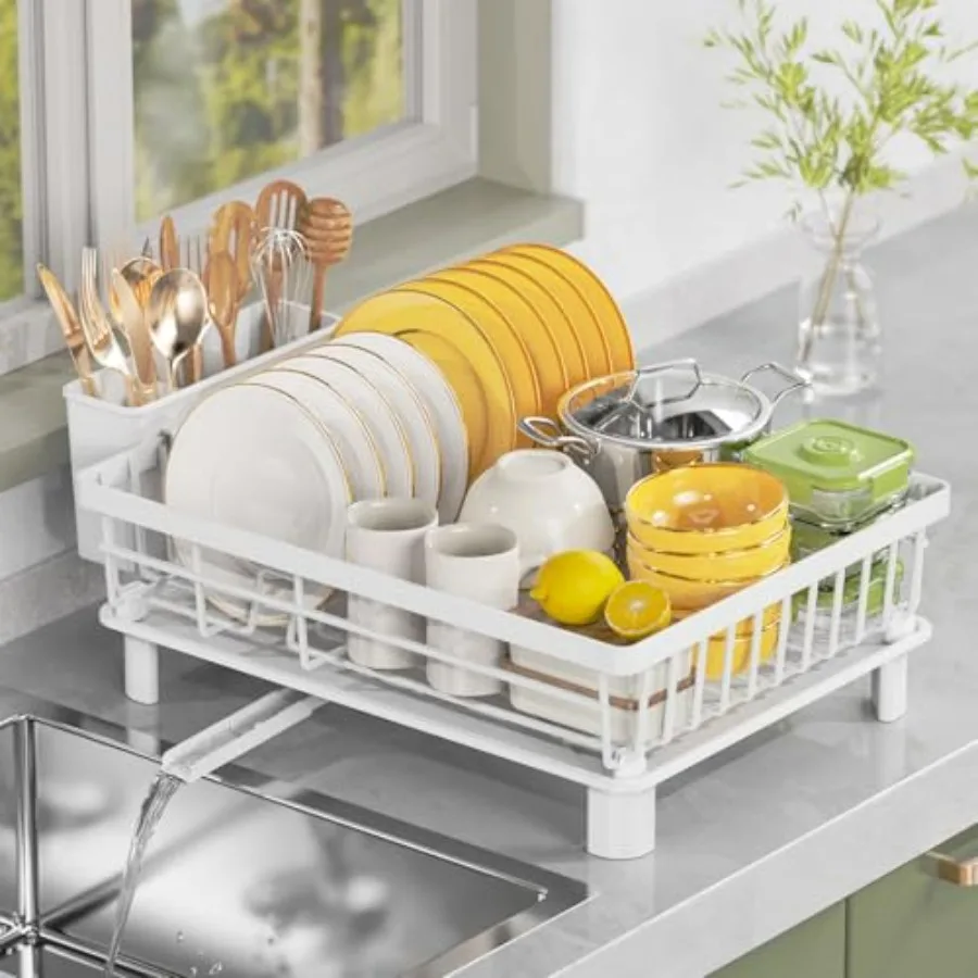 رف تجفيف الأطباق الموفر للمساحة لطاولة المطبخ مع فوهة تصريف قابلة للدوران 360 درجة، رف أطباق متعدد الوظائف يتميز بمدمج