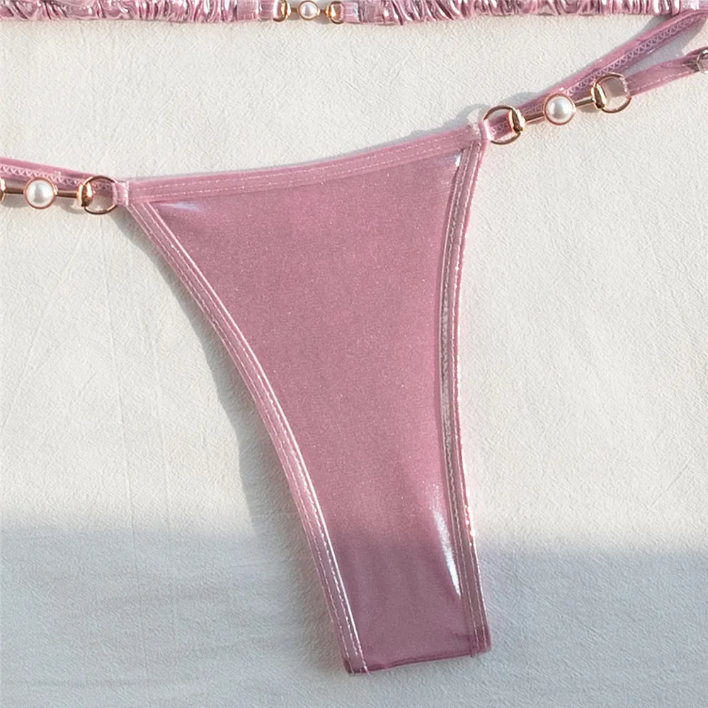 Maillot de bain sexy rose brillant, ensemble deux pièces, soutien-gorge col licou, culotte triangle, perles, mini string, pour baigneurs, 2024