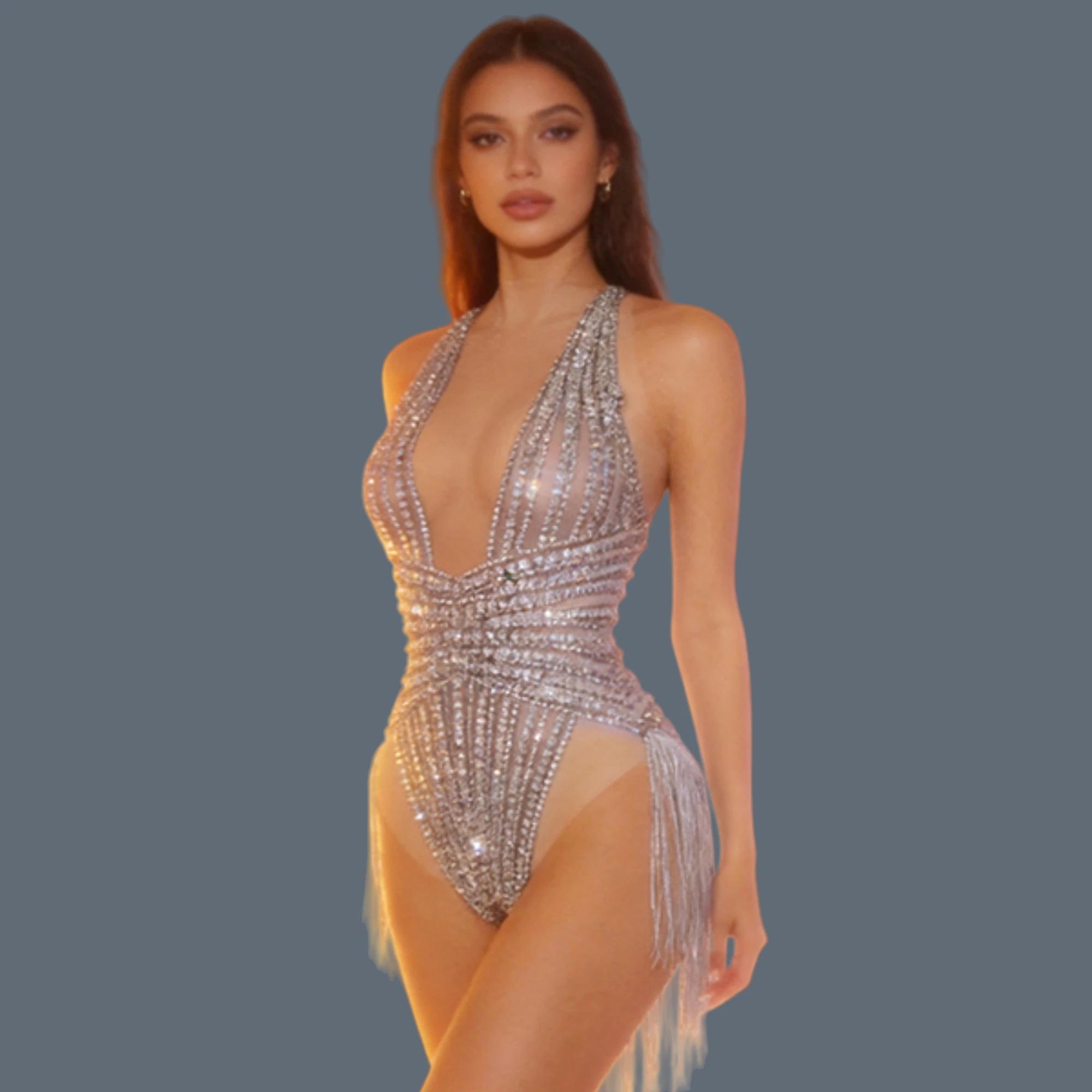 

Sparkly Crystal Sequins Hip Tassel Bodysuit Women Nightclub DJ Dance Backless Leotard Sexy Stretch Stage Singer Show Wear Doutun