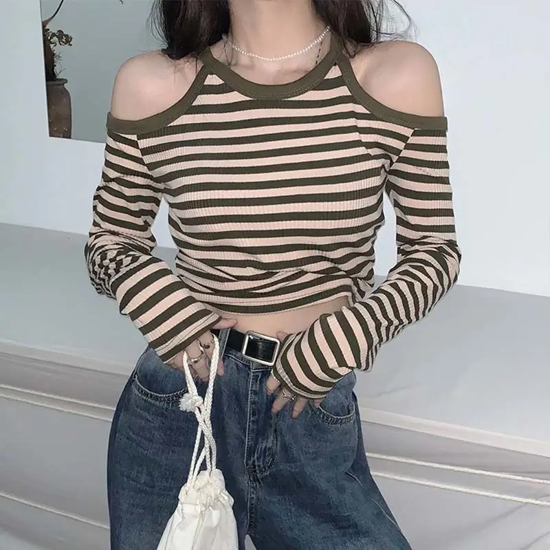 Y2K Off Shoulder Striped Slim T Shirts Spring Autumn New Long Sleeve All-match Youth Sexy Tops Fashion Trend Women Clothing