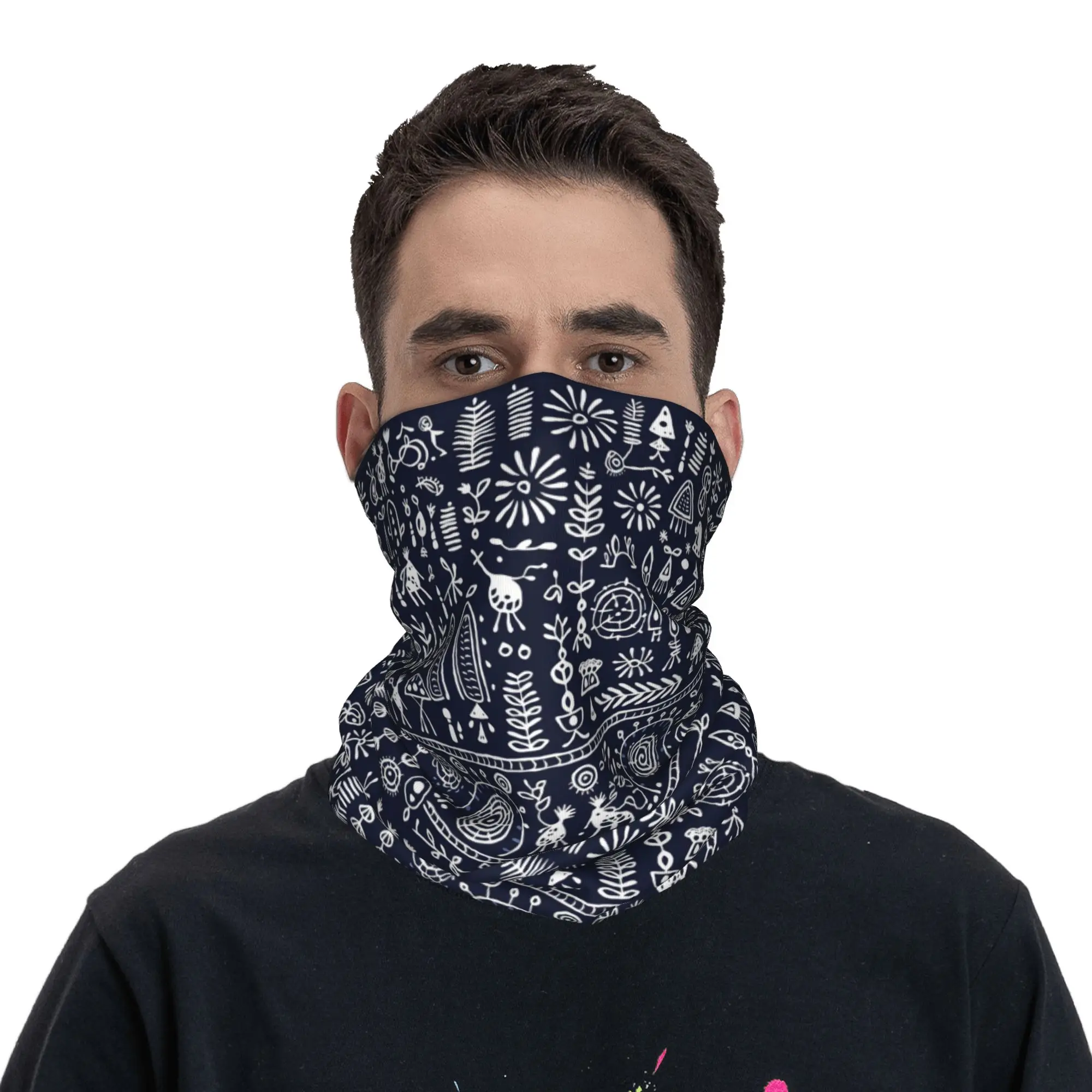 Indigo Echoes Traditional Warli Rhythms in Serene Blue Bandana Neck Gaiter Printed Face Scarf Balaclava Riding Unisex Adult