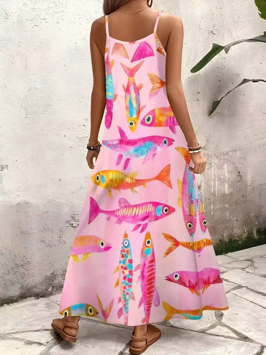 

Colorful Fish Print V-Neck Spaghetti Strap Maxi Dress For Women Summer Casual Beach Wear