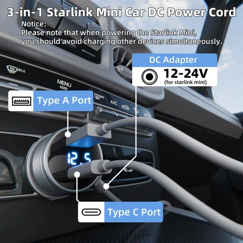 Imagen 2 del producto Para Starlink cargador 3 en 1 Mini cargador de coche USB Dual 12V-24V vehículos 2M Cable CC voltímetro Digital Cable de extensión impermeable