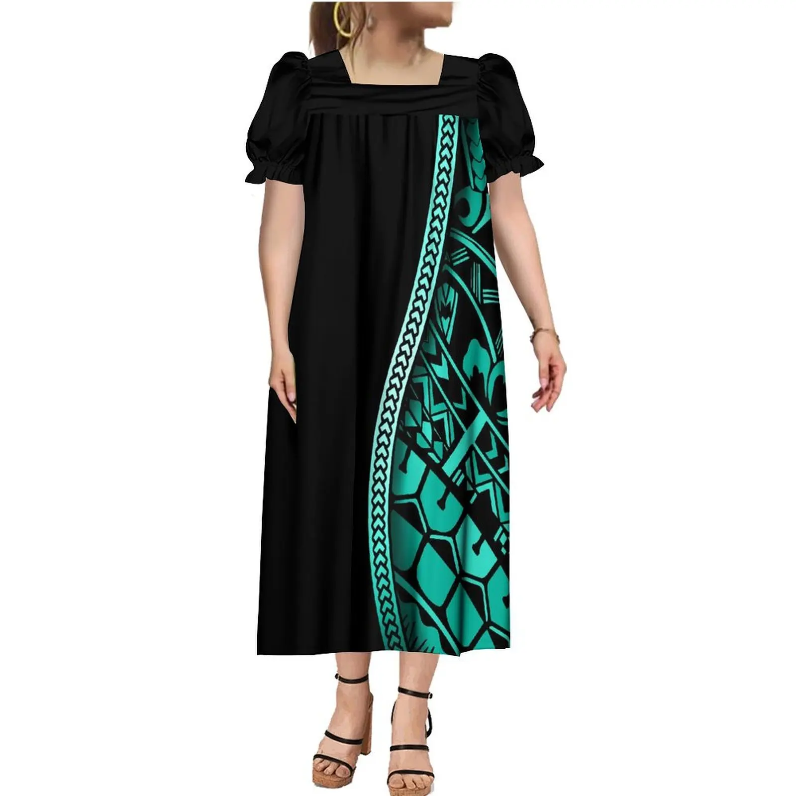 Disfraz de pareja polinesiana personalizado gratis para mujer, vestido estampado suelto de manga de burbuja elegante, camisa Tribal de MUMU samoana para hombre