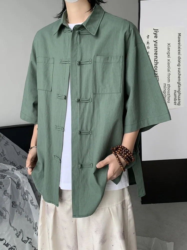 Loose Fit Men's ort Sve irt Button up Breathable Thin Sle Chinese Sle Coat Jaet Summer Faion Youth