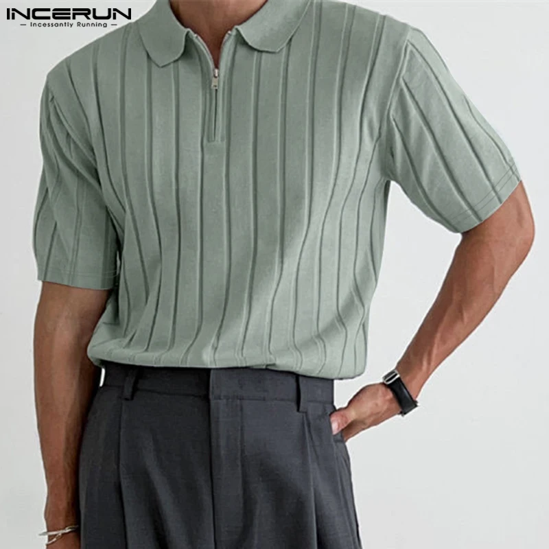INCERUN Men Casual Shirt Lapel Short Sleeve Streetwear 2024 Zipper Knitted Solid Color Men Clothing Summer Breathable Tee Tops