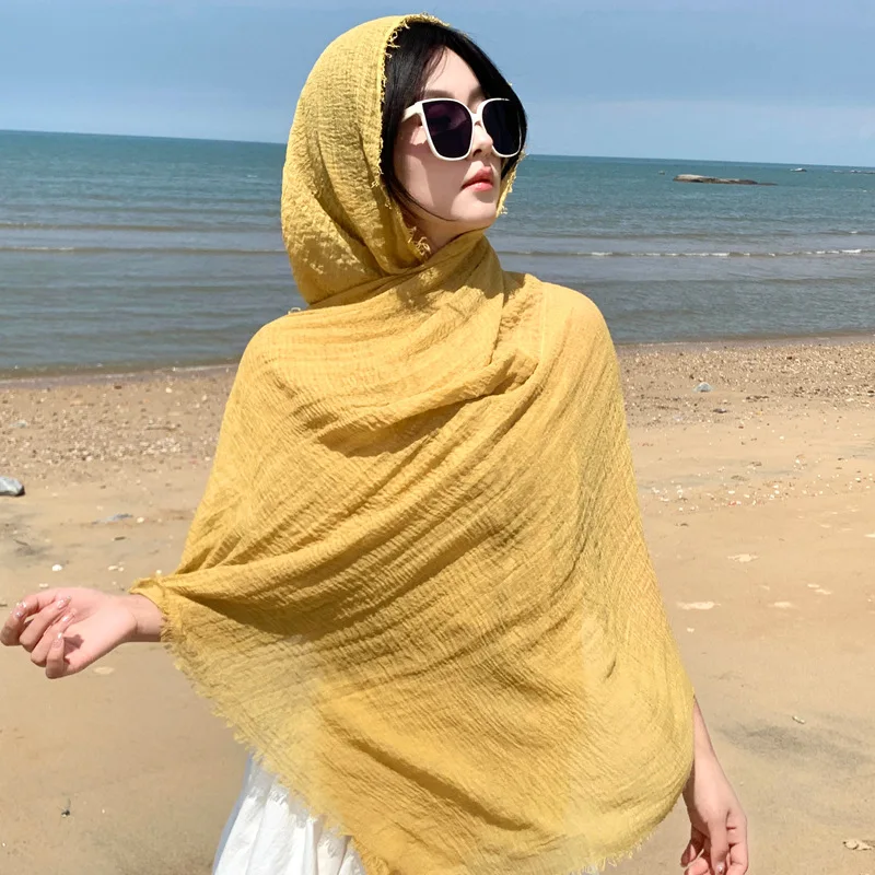 

New solid color beige cotton and linen scarf for women in summer, thin Korean version, long and versatile, sunscreen shawl scarf
