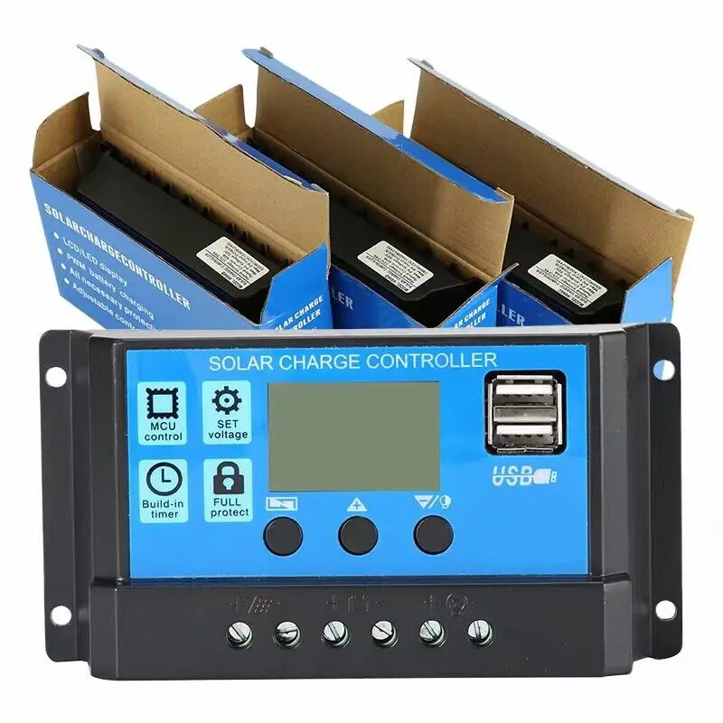 Solar Charge Controller 12V 24V PWM 10A 30A with Adjustable LCD Display Dual USB Port Timer Setting Auto Parameter