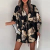 Women Casual Loose Dress Beach Boho Dress Fashion Vintage Print V Neck Drawstring Mini Dress Summer Dresses Robe Femme 2022